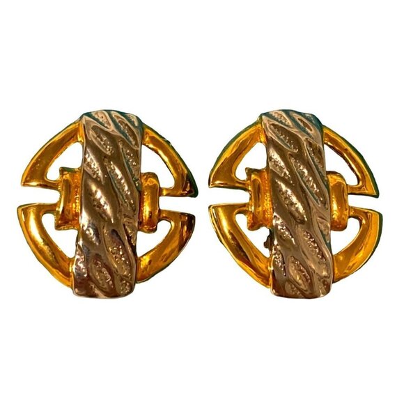 Vintage Jewelry - Vintage Clip Earrings Chunky Sandy Gold & silver Tone Metallic Round Geometric 1